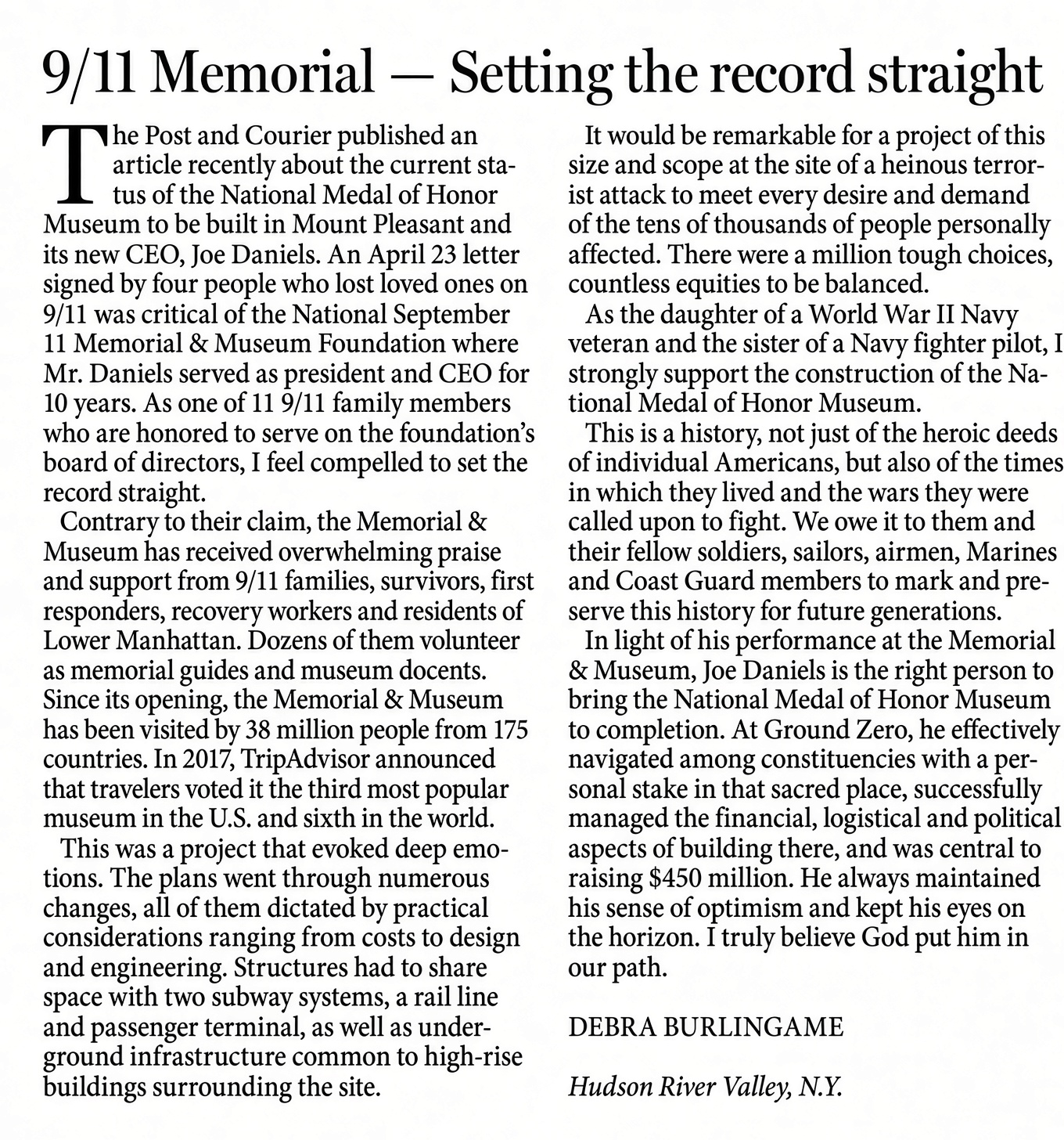 Clipping of Debra Burlingame’s published May 2018 letter in The Post and Courier
