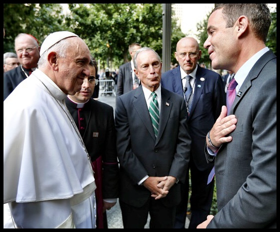 Joe Daniels speaking with Pope Francis and Michael Bloomberg