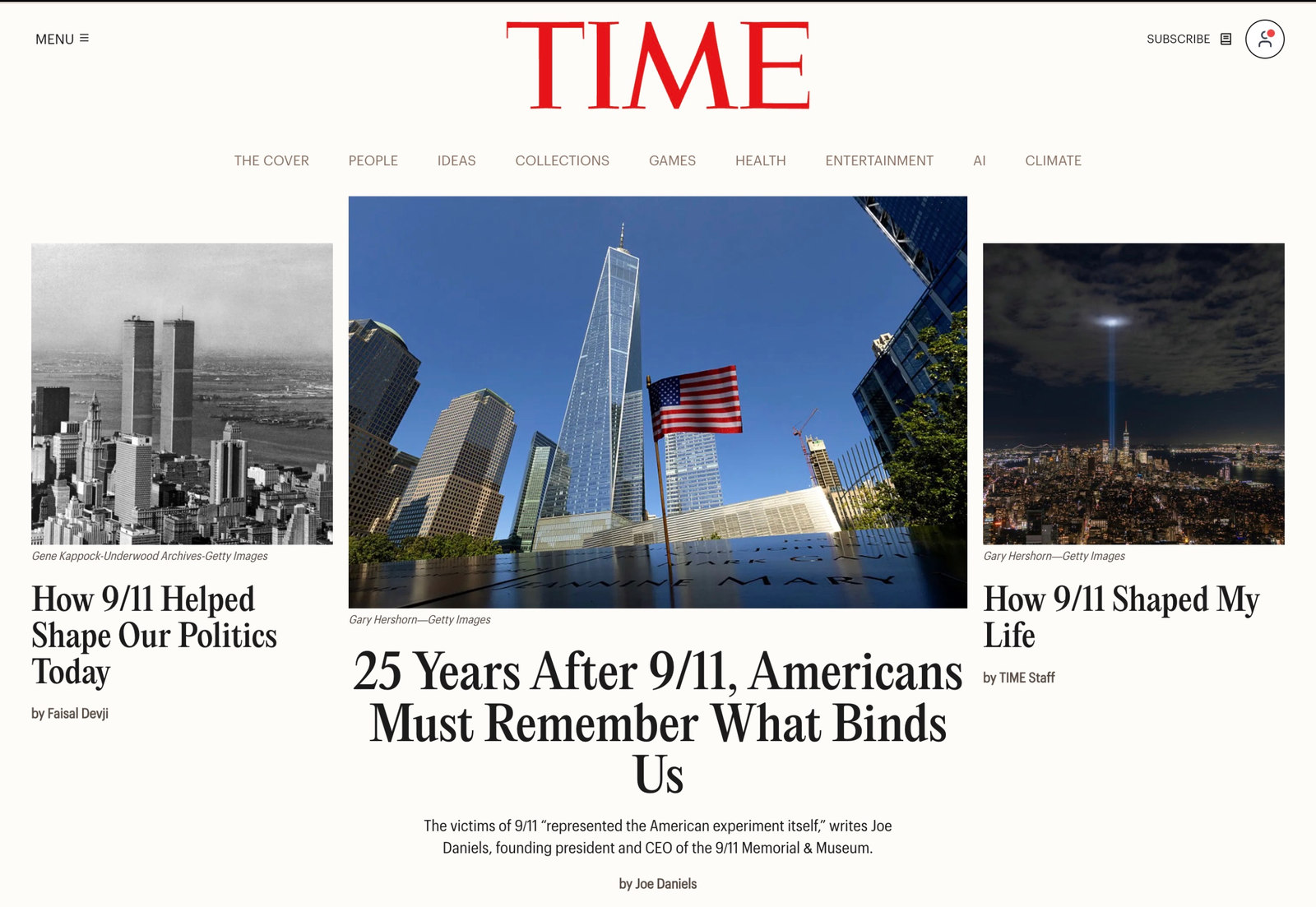 Screenshot of TIME's homepage showing Joe Daniels's essay as the central lead story among its September 11 coverage